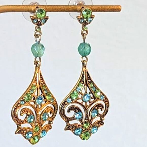 Gold Tone Filigree Blue and Green Crystal Dangle Earrings - Picture 3 of 4